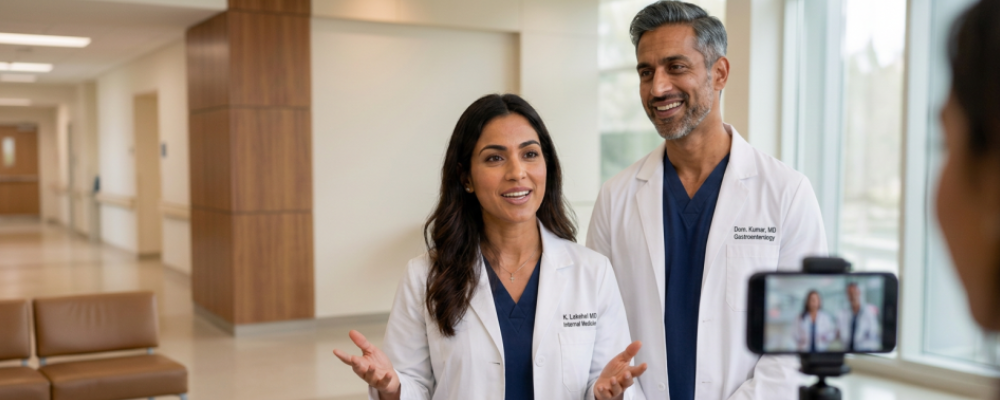Two physicians in white coats smiling and talking while a smartphone on a tripod records them in a hospital hallway